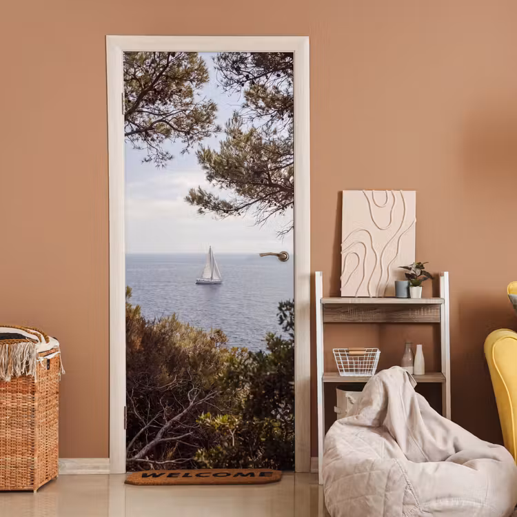 Door sticker - Sailboat - trees - water - Zeilboot - bomen - water deurposter klein