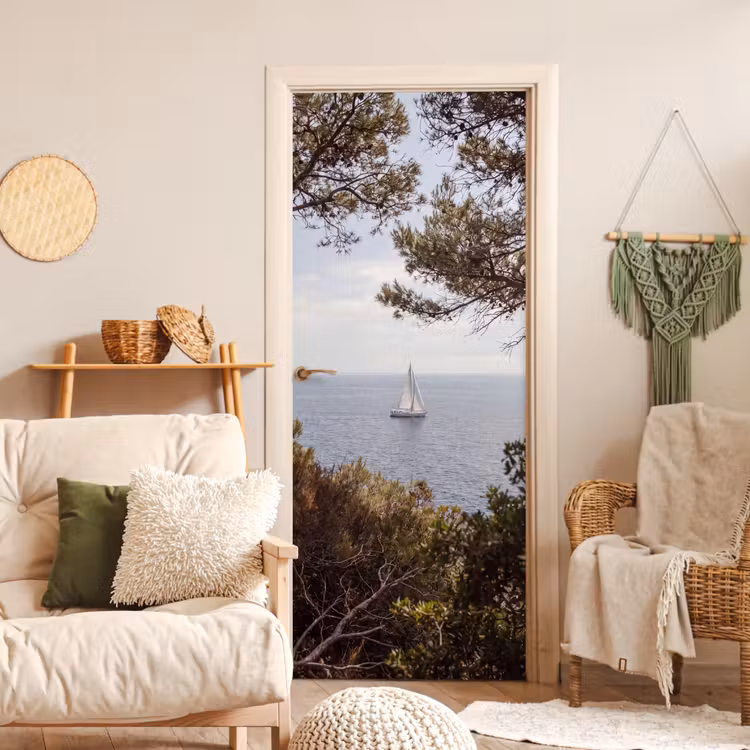 Door sticker - Sailboat - trees - water - Zeilboot - bomen - water deurposter klein