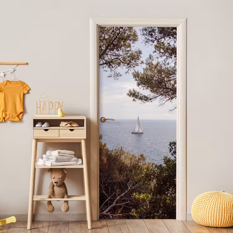 Door sticker - Sailboat - trees - water - Zeilboot - bomen - water deurposter klein