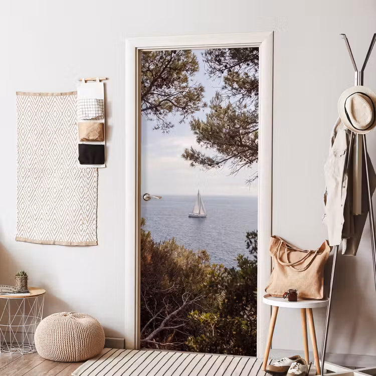 Door sticker - Sailboat - trees - water - Zeilboot - bomen - water deurposter klein
