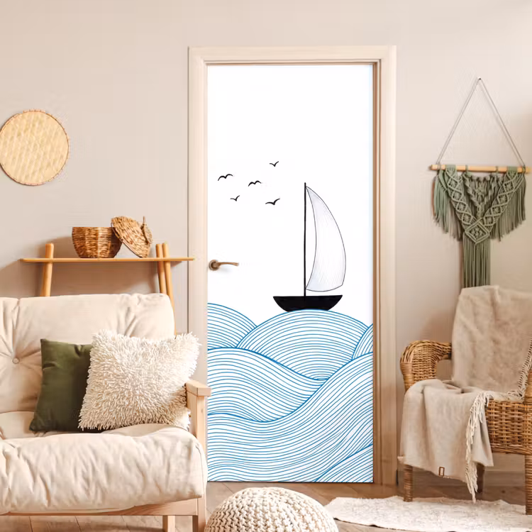 Zeilboot - Golven - Zee - Illustratie - Blauw deurposter klein -sfeer2