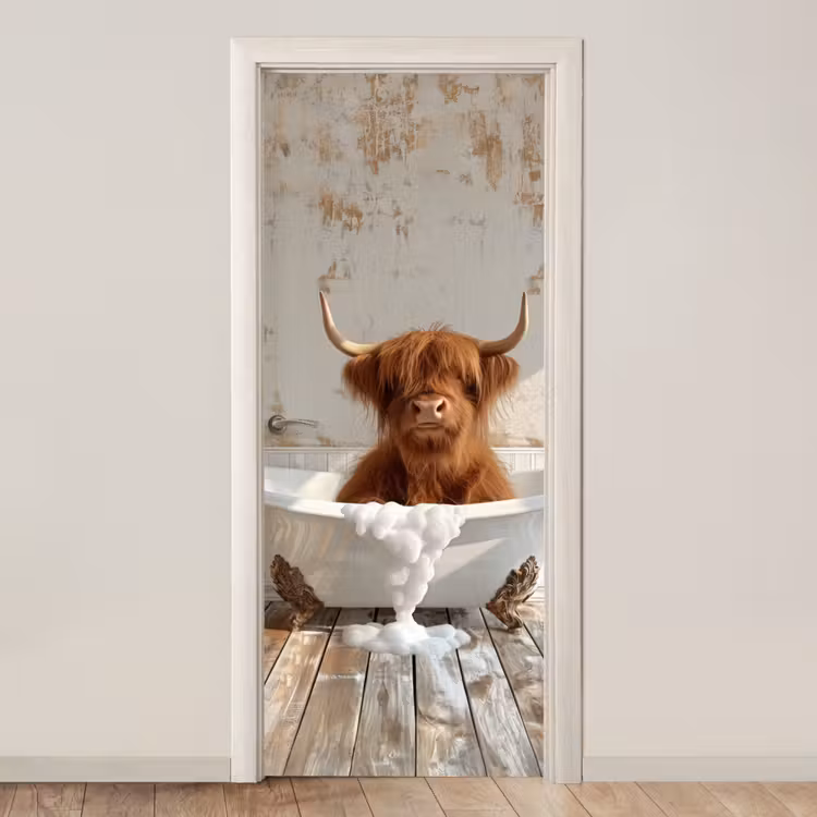 Schotse hooglander - Badkuip - Vintage - Koe deurposter klein -3d_beige