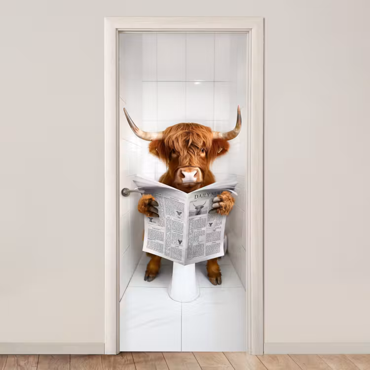 Schotse Hooglander - Krant - WC - Dier deurposter klein -3d_beige