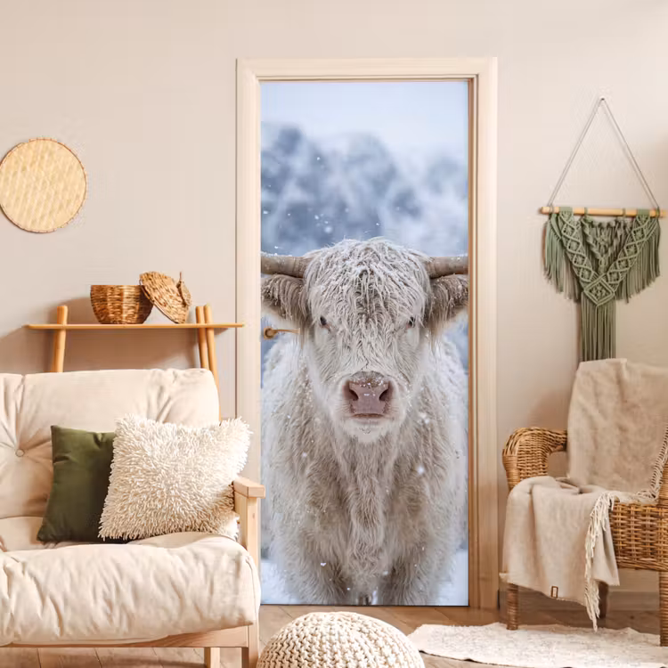 Schotse Hooglander - Sneeuw - Bergen - Winter deurposter klein -sfeer2