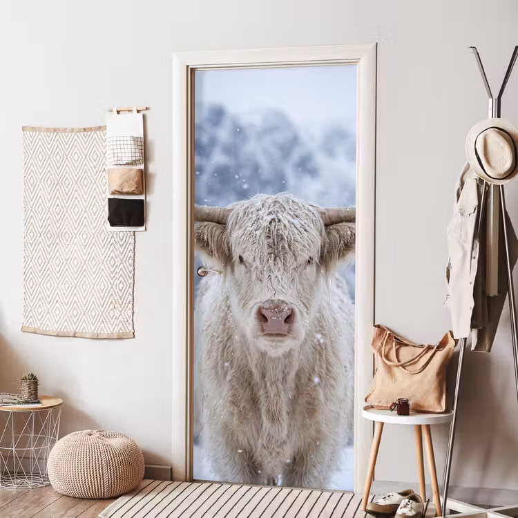 Schotse Hooglander - Sneeuw - Bergen - Winter deurposter klein -sfeer6