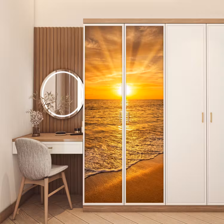 Zee - Zonsondergang - Golven - Kust - Oranje deurposter klein -sfeer3