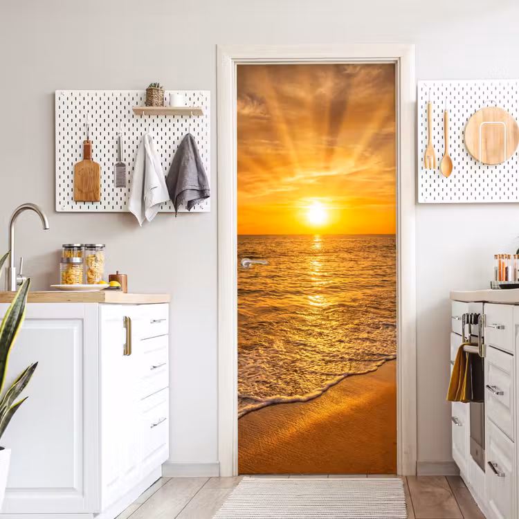 Zee - Zonsondergang - Golven - Kust - Oranje deurposter klein -sfeer5