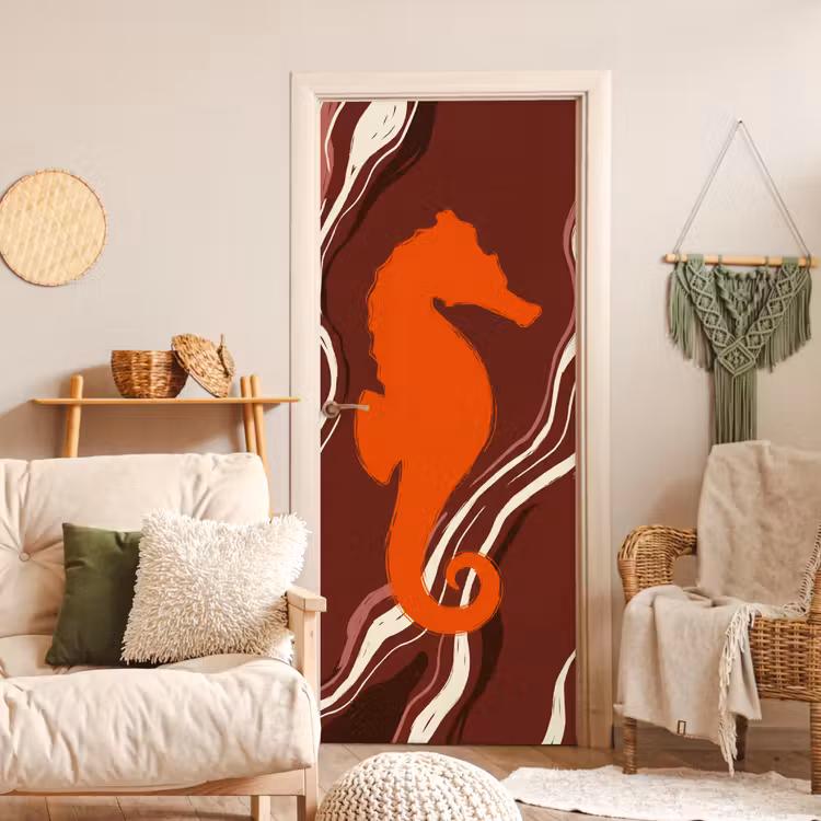 Zeepaardje - Golven - Zeeleven - Abstract - Oranje deurposter klein -sfeer2