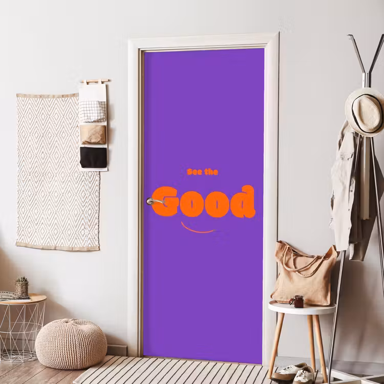 See the good - Oranje - Paars - Smiley deurposter klein -sfeer6