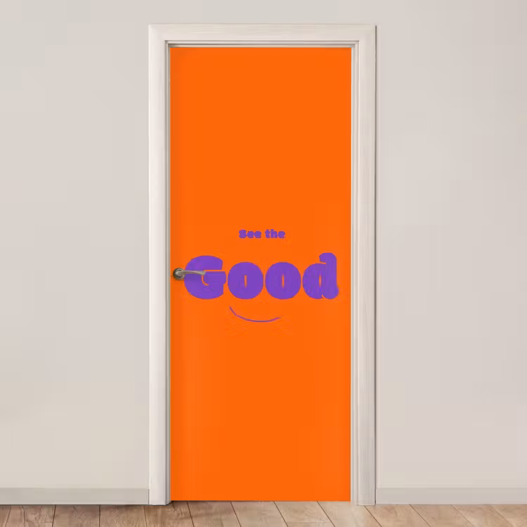 See the good - Paars - Oranje - Smiley deurposter klein -3d_beige