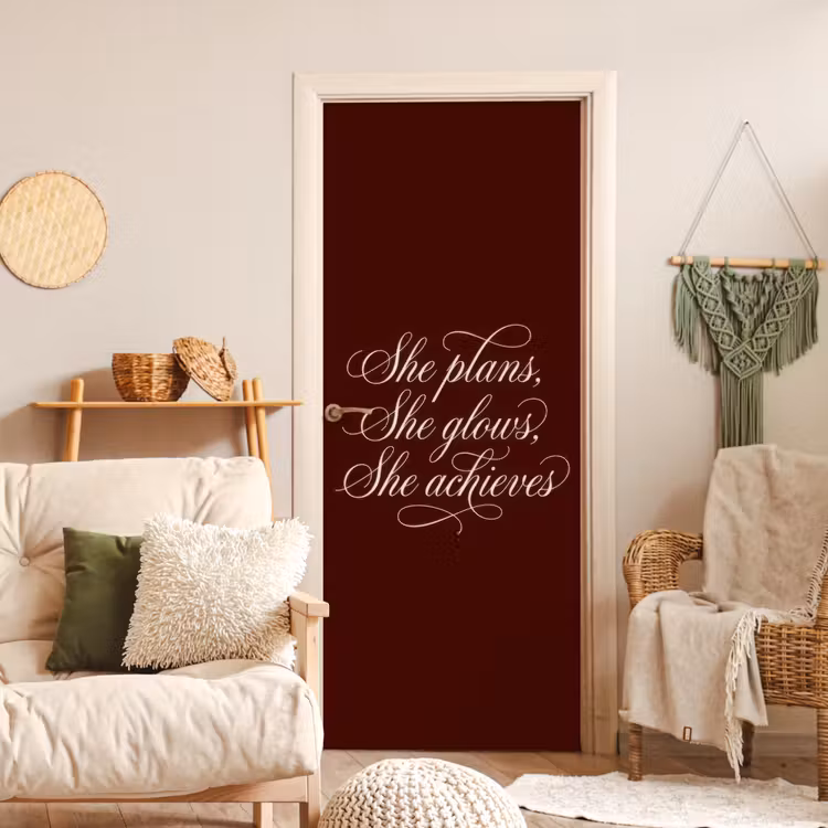 She plans she glows she achieves - Rood - Cursief deurposter klein -sfeer2