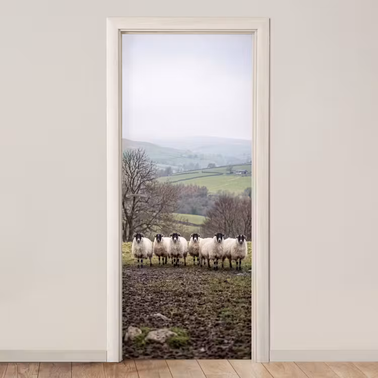 Schapen - Rij - Weide - Dieren - Platteland deurposter klein -3d_beige