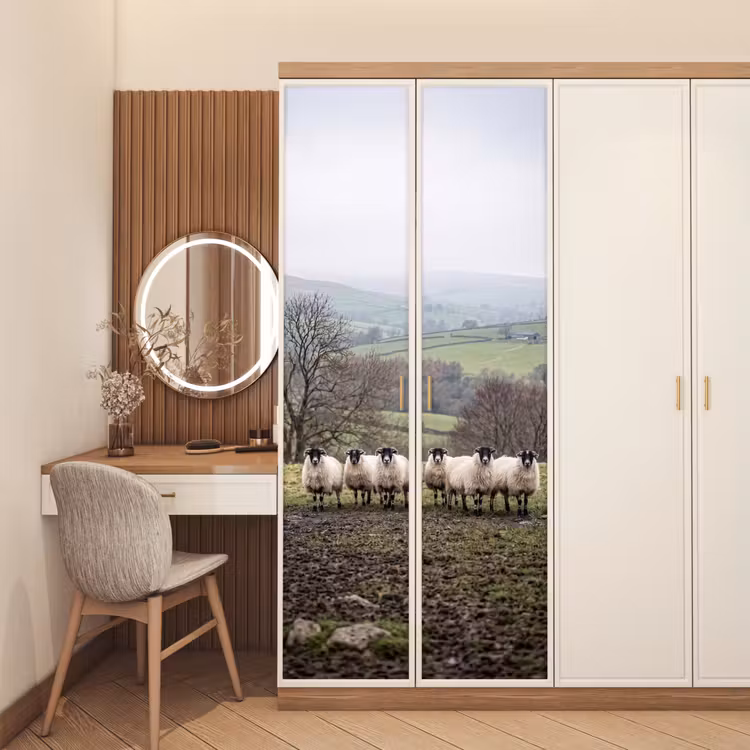 Schapen - Rij - Weide - Dieren - Platteland deurposter klein -sfeer3
