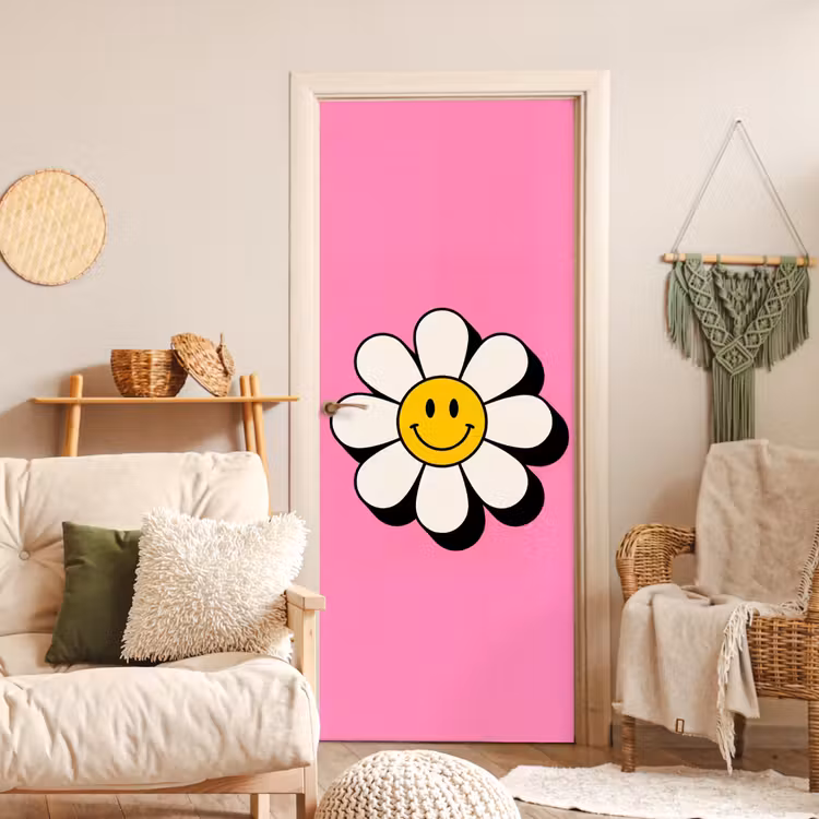 Smiley - Bloem - Roze deurposter klein -sfeer2