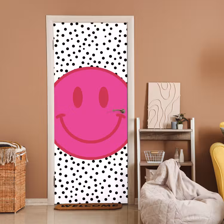 Smiley - Roze - Stippen deurposter klein -sfeer1