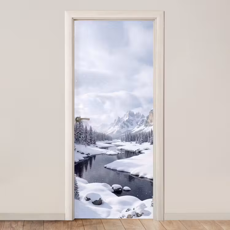 Sneeuwlandschap - Bergen - Rivier - Winter deurposter klein -3d_beige