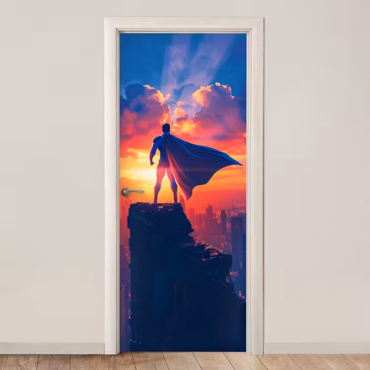 Superheld - Stad - Jongens - Kleurrijk - Zon deurposter klein -3d_beige