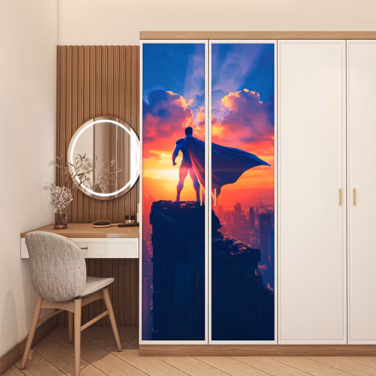 Superheld - Stad - Jongens - Kleurrijk - Zon deurposter klein -sfeer3