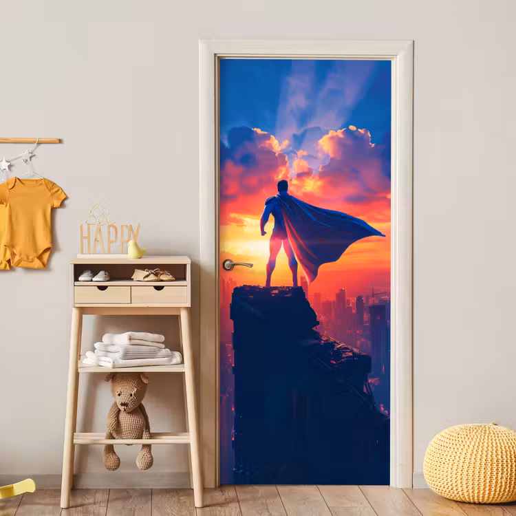 Superheld - Stad - Jongens - Kleurrijk - Zon deurposter klein -sfeer4