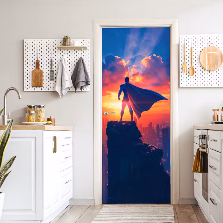 Superheld - Stad - Jongens - Kleurrijk - Zon deurposter klein -sfeer5