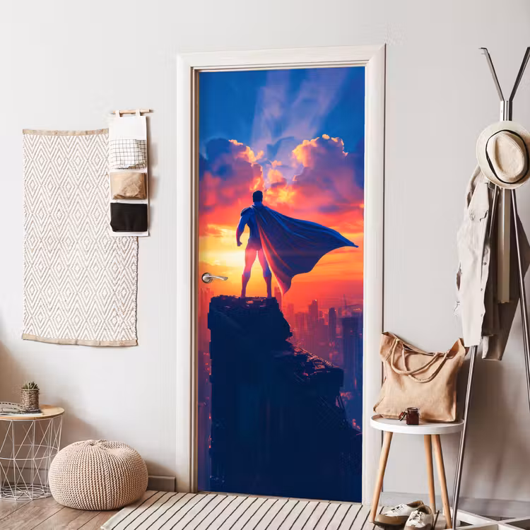 Superheld - Stad - Jongens - Kleurrijk - Zon deurposter klein -sfeer6