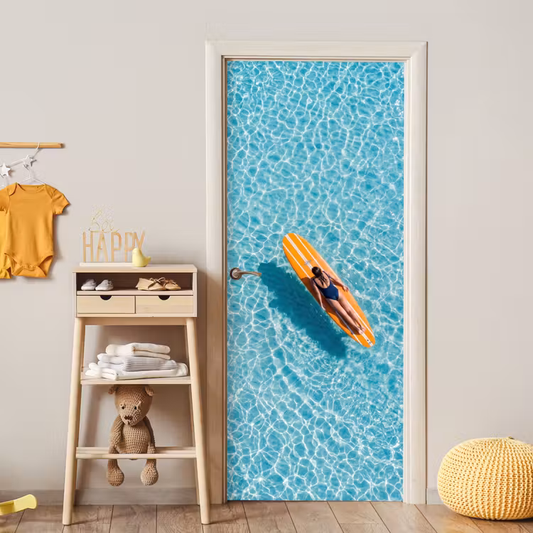 Surfboard - Water - Badpak - Oranje deurposter klein -sfeer4