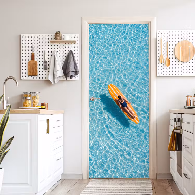 Surfboard - Water - Badpak - Oranje deurposter klein -sfeer5