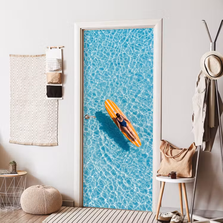 Surfboard - Water - Badpak - Oranje deurposter klein -sfeer6