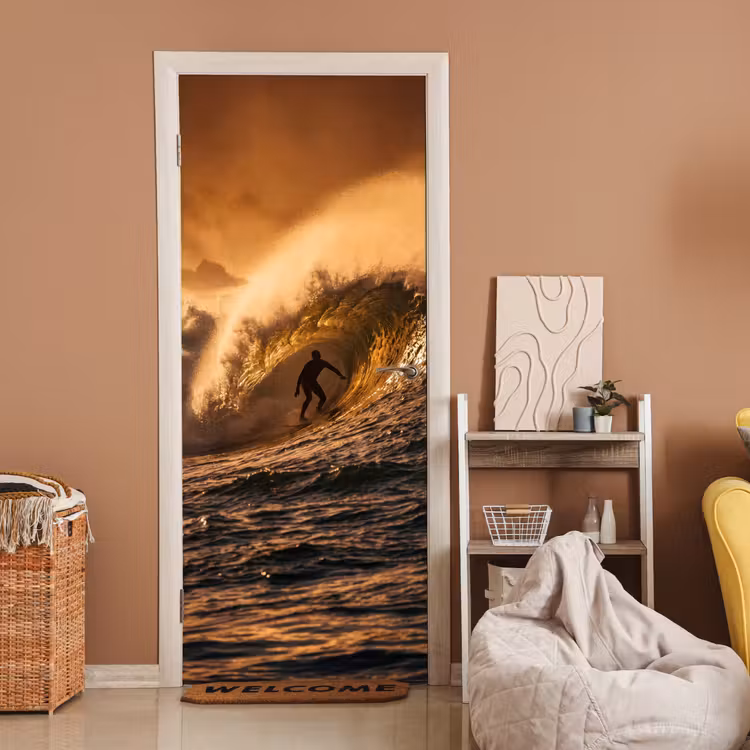Surfer - Golf - Oceaan - Sport - Oranje deurposter klein -sfeer1
