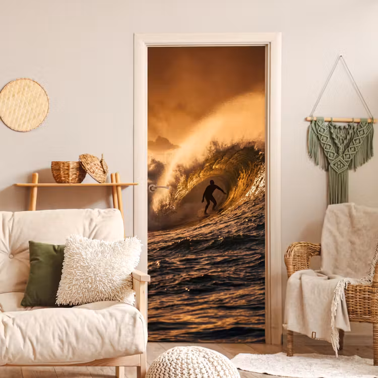 Surfer - Golf - Oceaan - Sport - Oranje deurposter klein -sfeer2