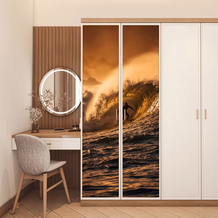 Surfer - Golf - Oceaan - Sport - Oranje deurposter klein -sfeer3