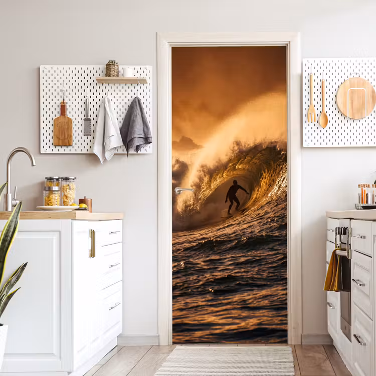 Surfer - Golf - Oceaan - Sport - Oranje deurposter klein -sfeer5