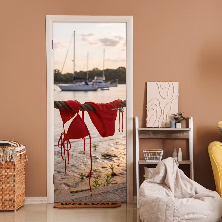 Badkleding - Rood - Zomer - Water - Zonsondergang deurposter klein -sfeer1