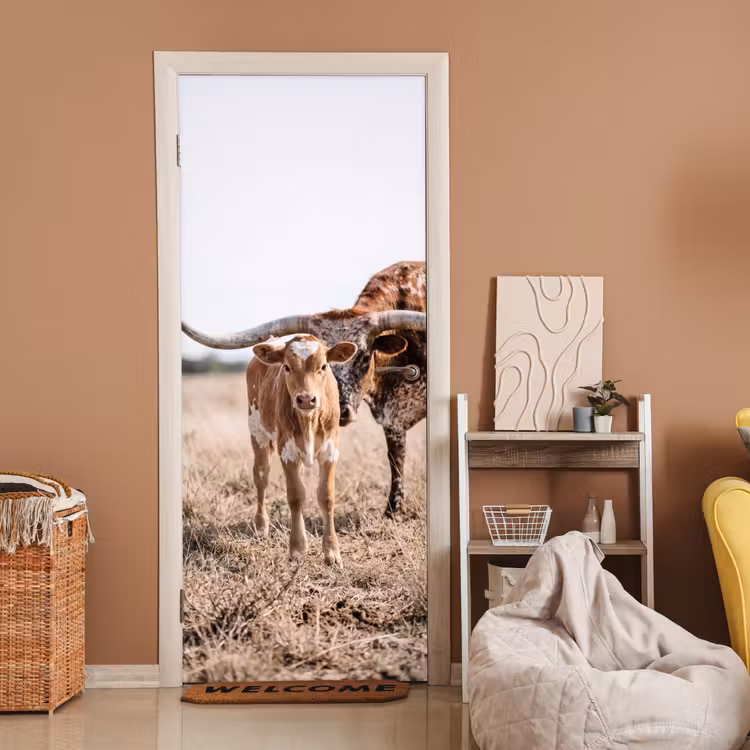 Texas Longhorn - Kalf - Weide - Dieren deurposter klein -sfeer1