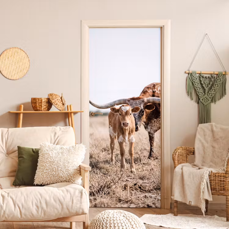 Texas Longhorn - Kalf - Weide - Dieren deurposter klein -sfeer2