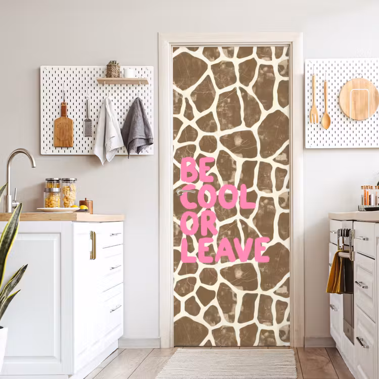 Tekst - Be cool or leave - Roze - Giraffenprint deurposter klein -sfeer5