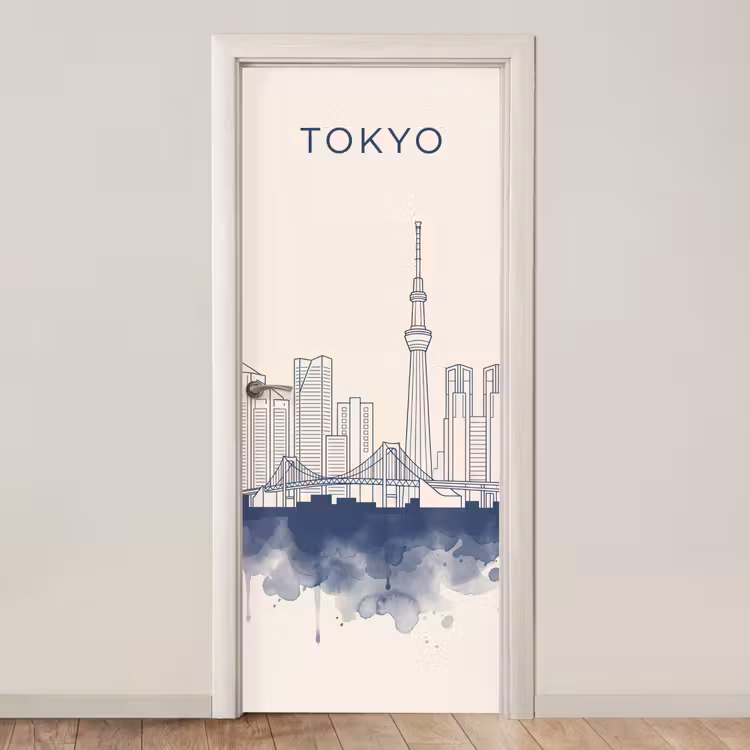 Tokyo - Skyline - Stad - Abstract - Blauw deurposter klein -3d_beige