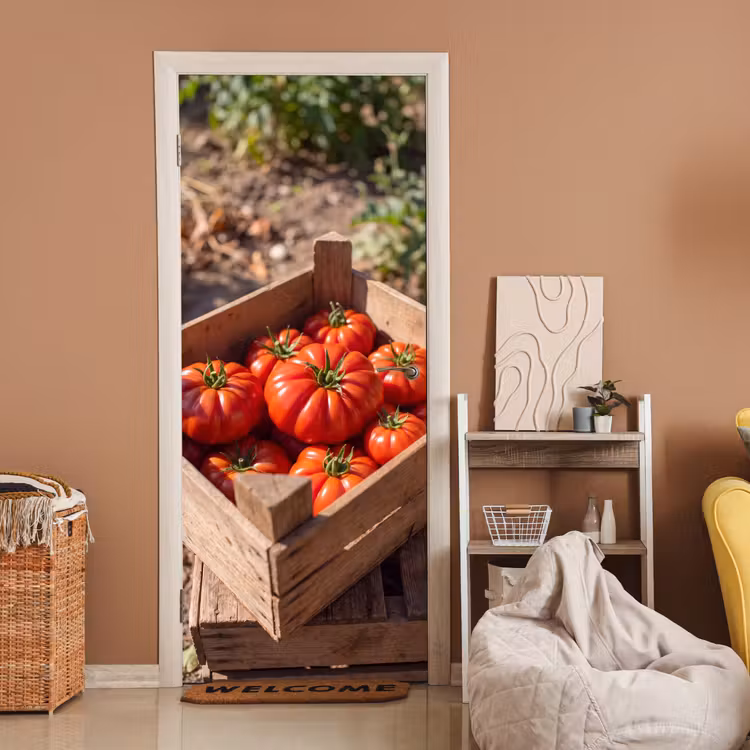 Door sticker - Tomato - Wooden - Crate - Tomaat - Houten - Kist deurposter klein