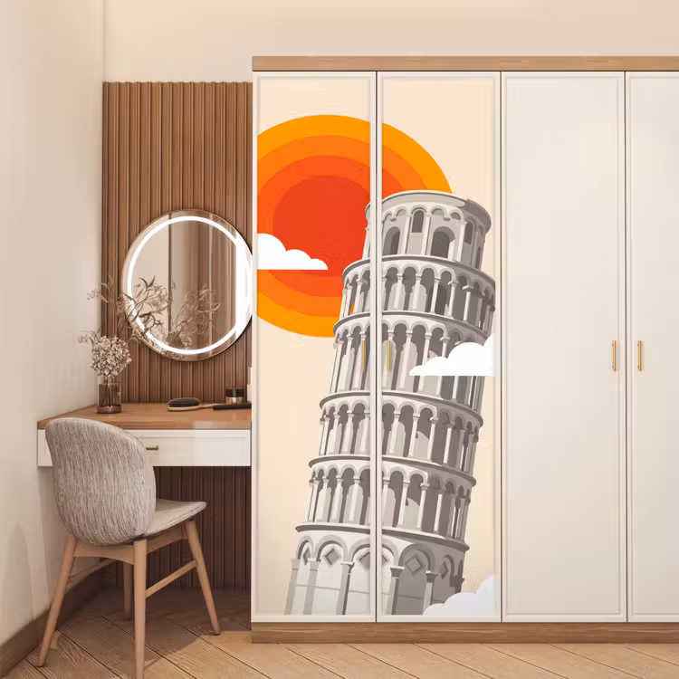 Toren - Pisa - Architectuur - Minimalistisch - Beige deurposter klein -sfeer3
