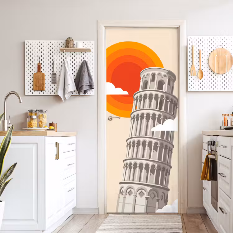 Toren - Pisa - Architectuur - Minimalistisch - Beige deurposter klein -sfeer5