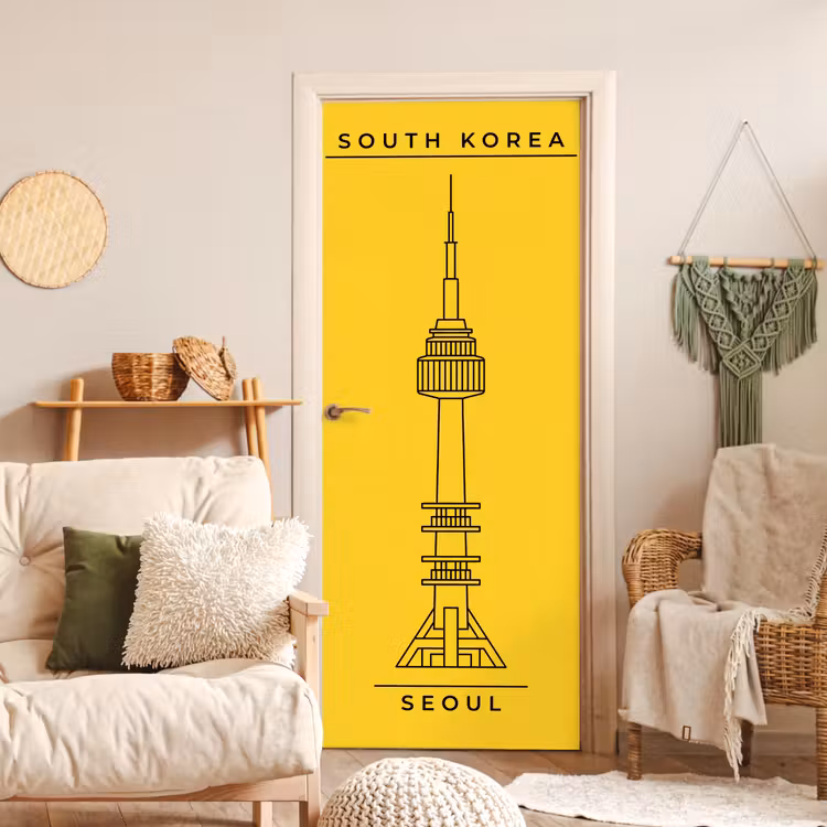 Toren - Seoul - Architectuur - Minimalistisch - Geel deurposter klein -sfeer2