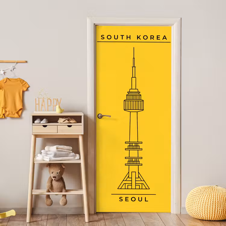 Toren - Seoul - Architectuur - Minimalistisch - Geel deurposter klein -sfeer4