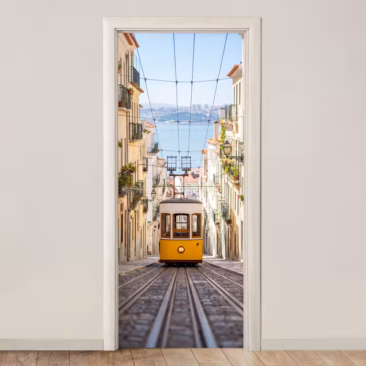 Tram - Straat - Stad - Architectuur - Geel deurposter klein -3d_beige