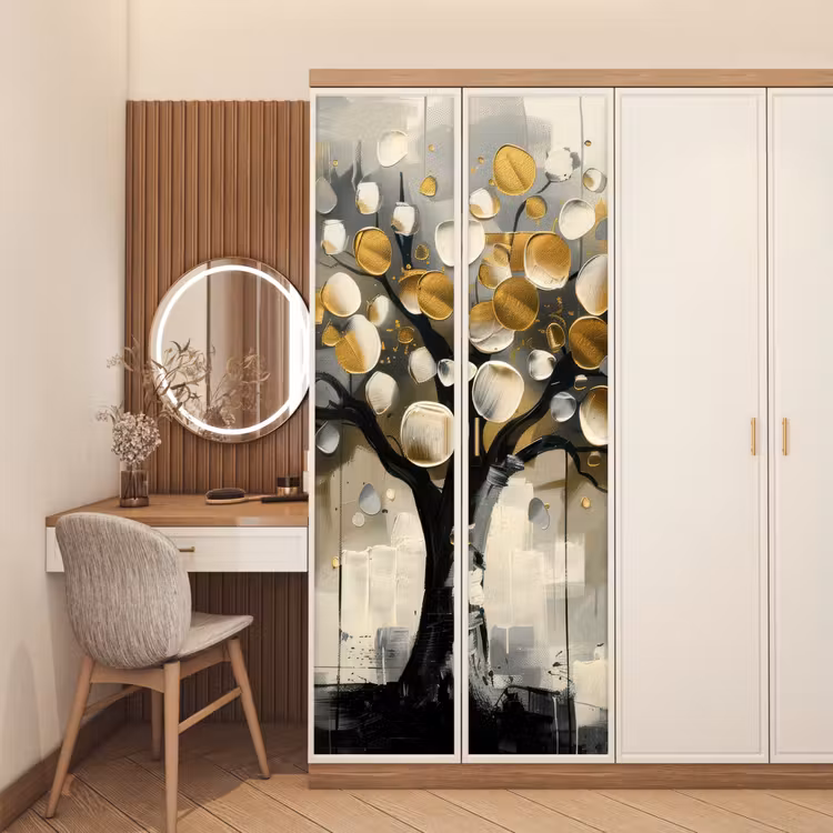 Boom - Abstract - Beige - Goud - Zwart deurposter klein -sfeer3