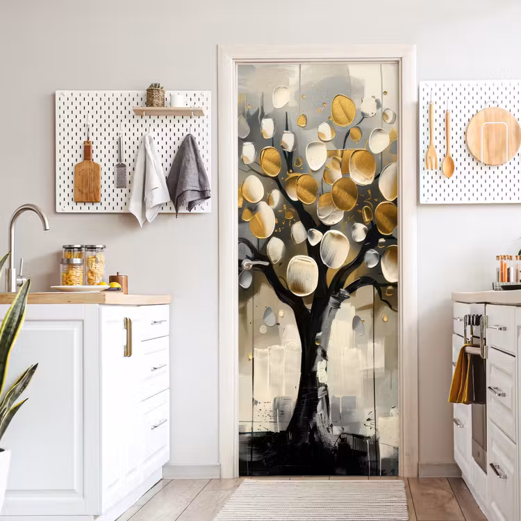 Boom - Abstract - Beige - Goud - Zwart deurposter klein -sfeer5