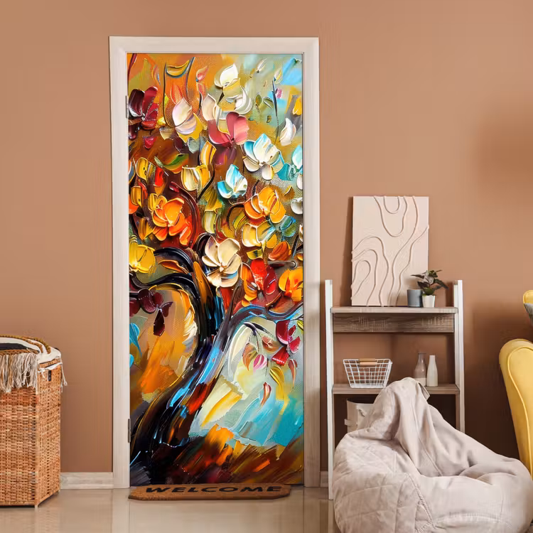 Boom - Abstract - Kleurrijk - Bloemen deurposter klein -sfeer1