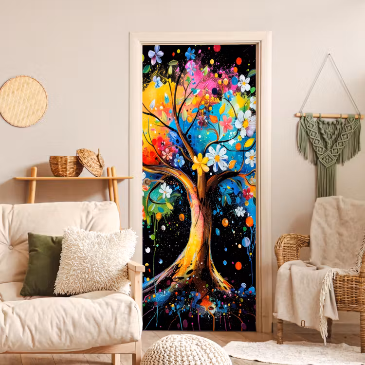 Boom - Kleurrijk - Bloemen - Zwart deurposter klein -sfeer2