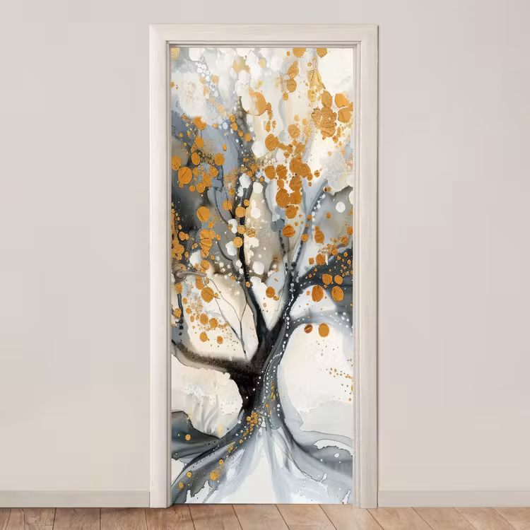 Boom - Modern - Abstract - Goud - Zwart - Wit deurposter klein -3d_beige