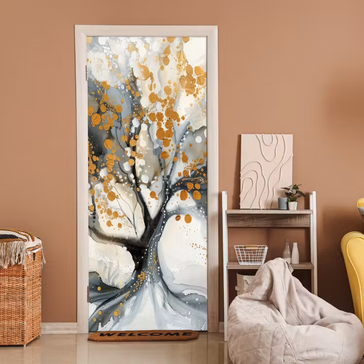 Boom - Modern - Abstract - Goud - Zwart - Wit deurposter klein -sfeer1