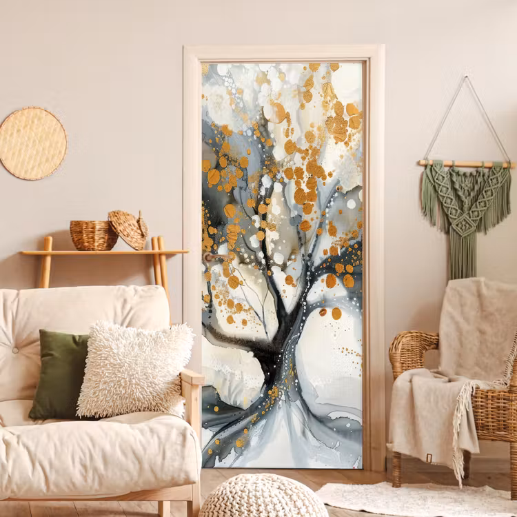 Boom - Modern - Abstract - Goud - Zwart - Wit deurposter klein -sfeer2